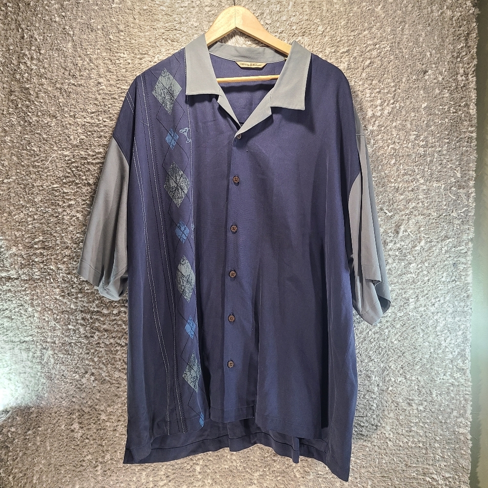Tommy Bahama Button Up Silk Shirt Mens XXL Blue Argyle Martini Design